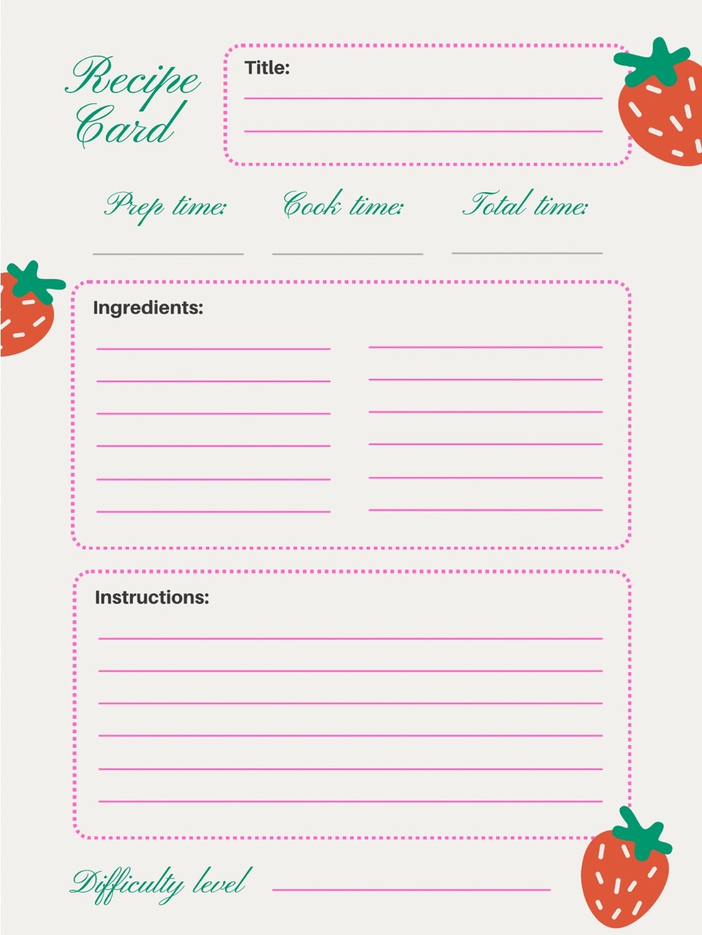 Strawberry Recipe Card Stationery - Pink & Teal Accents